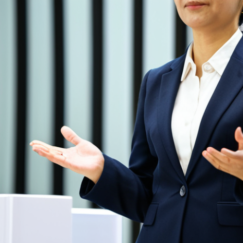 Home 8 A professional female interpreter, mid-thirties, with a calm and empathetic expression, standing confidently at a podium in a brightly lit, modern international conference hall. She is fully clothed in a modest, dark business suit and a white blouse, appropriate attire, professional dress. Her hands are well-formed and naturally posed, subtly gesturing to bridge communication. In the softly blurred background, diverse, professional delegates are seated. The scene emphasizes seamless cross-cultural understanding and the power of empathy in communication. perfect anatomy, correct proportions, natural pose, well-formed hands, proper finger count, natural body proportions, professional photography, high resolution, safe for work, appropriate content, fully clothed, professional.