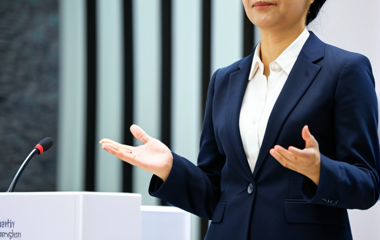 A professional female interpreter, mid-thirties, with a calm and empathetic expression, standing confidently at a podium in a brightly lit, modern international conference hall. She is fully clothed in a modest, dark business suit and a white blouse, appropriate attire, professional dress. Her hands are well-formed and naturally posed, subtly gesturing to bridge communication. In the softly blurred background, diverse, professional delegates are seated. The scene emphasizes seamless cross-cultural understanding and the power of empathy in communication. perfect anatomy, correct proportions, natural pose, well-formed hands, proper finger count, natural body proportions, professional photography, high resolution, safe for work, appropriate content, fully clothed, professional.